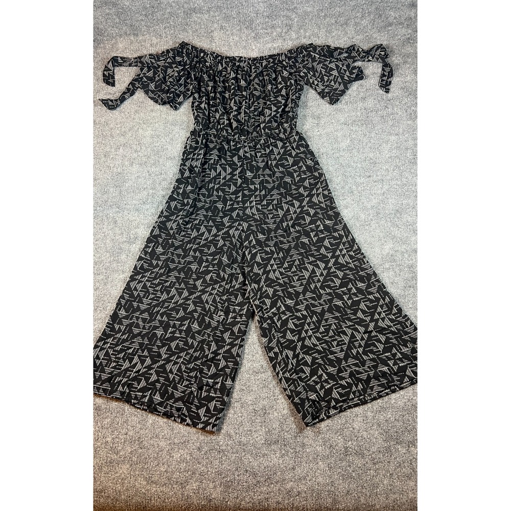 AUW Black Graphic Wide Leg Jumpsuit Size 8 Off Shoulder Crop Wide Leg Pockets